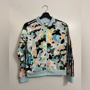 NWOT Adidas Girls' Zip Front Tricot Bomber Jacket, Colorful Camouflage, Size 16